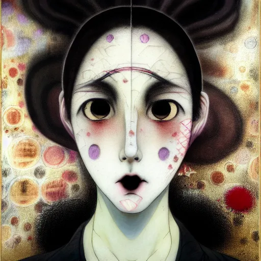 Image similar to yoshitaka amano blurred and dreamy realistic three quarter angle portrait of a young woman with black lipstick and black eyes wearing dress suit with tie, junji ito abstract patterns in the background, satoshi kon anime, noisy film grain effect, highly detailed, renaissance oil painting, weird portrait angle, blurred lost edges