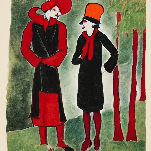 Image similar to A thin man in a black coat and bowler hat talks with girl who is dressed in a red coat and a red hat, Berlin park, autumn, 1923, in the style of Oskar Kokoschka, high detail, width 768