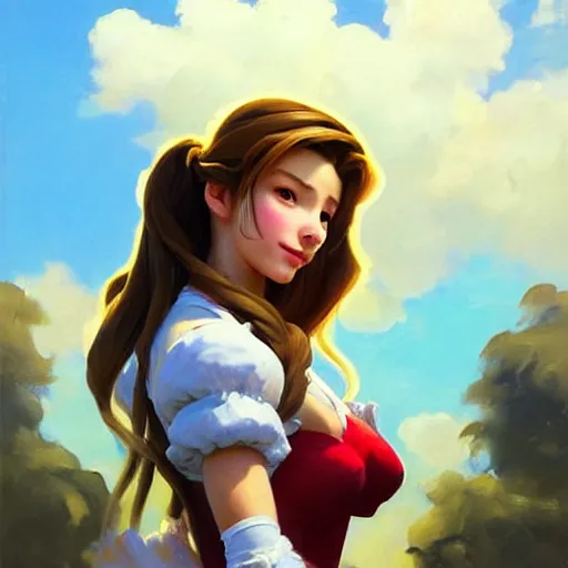 Image similar to Greg Manchess portrait painting o Aerith Gainsborough as Overwatch character, medium shot, asymmetrical, profile picture, Organic Painting, sunny day, Matte Painting, bold shapes, hard edges, street art, trending on artstation, by Huang Guangjian and Gil Elvgren and Sachin Teng