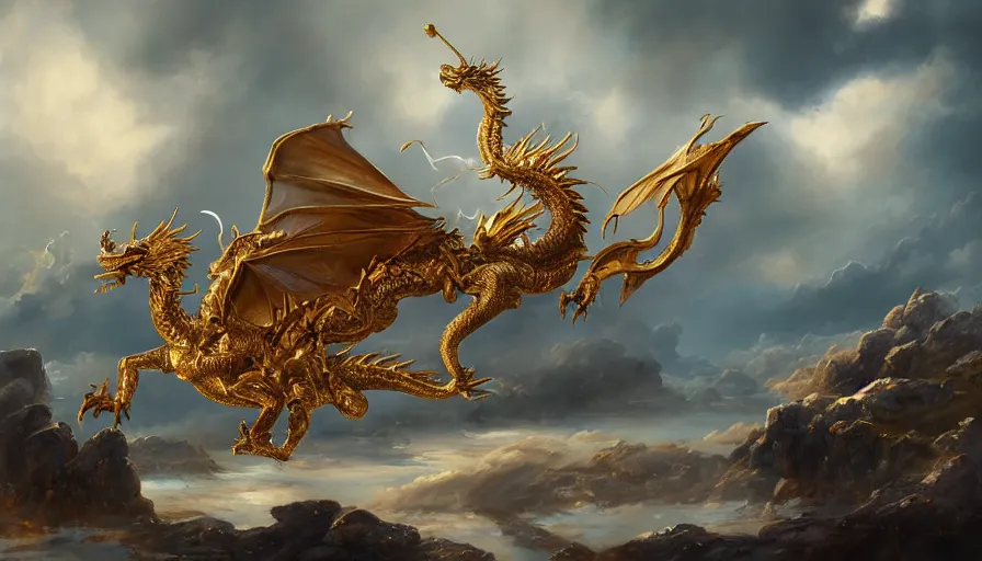 Image similar to epic golden dragon in a nordic landscape under bright daylight with very, very, very beautiful clouds, painted by Hans Fredrik Gude, Greg Rutkowksi, Peter Mohrbacher and Artgerm, concept art 2022, ultra realistic masterpiece, contrasting details vs blank areas, oil on canvas