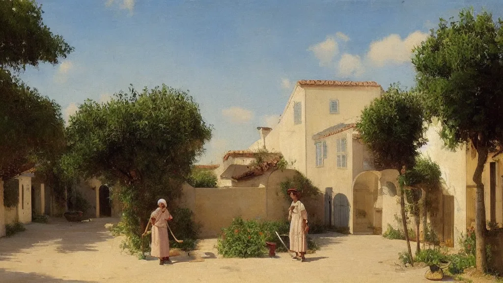 Image similar to a beautiful extremely complex painting of a street in a mediterranean village in summer by peter ilsted, whitewashed housed, tall cypress trees, blue shutters on windows, elderly woman sweeping the ground with a broom, national gallery of art highlights