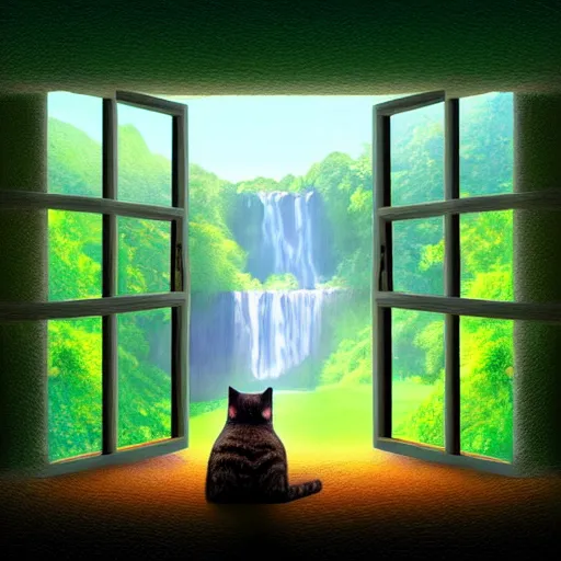 Image similar to a beautiful landscape including a waterfall and a forest through a window, cat sitting on the edge of the window, illustration, digital art, trending on artstation, no signature