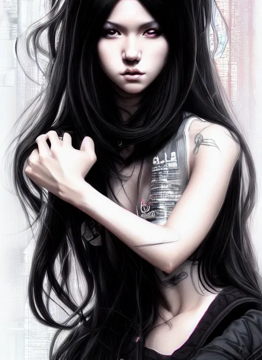 Image similar to portrait of long black hair girl within a streetwear. cynical face, concept art, cyberpunk illustration, intricate, highly detailed 8 k, smooth, matte, sharp focus, rim light, beautiful and aesthetic shape of face and body, artgerm, artstation, art by gharliera and rinotuna and junpei