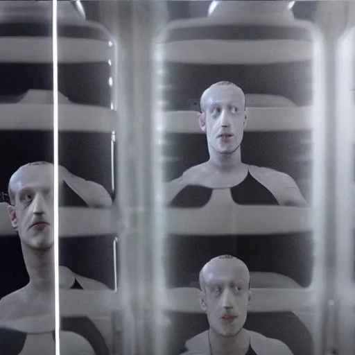 Prompt: mark zuckerberg sitting in front of his clones growing inside a vat of protein fluid. They are inside the cloning med bay of an alien ship. From the movie Alien IV directed by David Fincher.