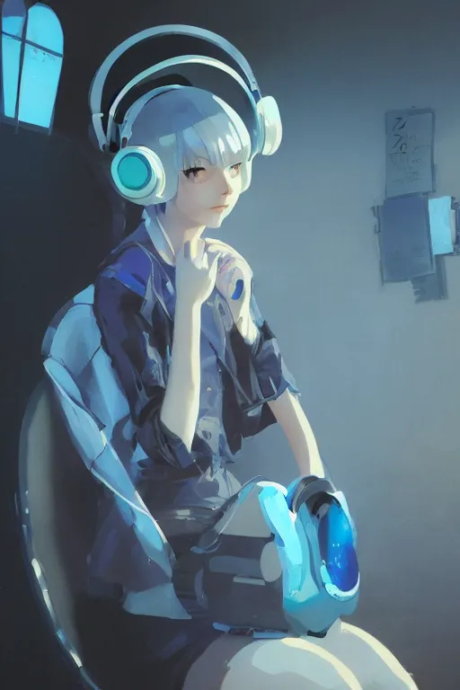 Image similar to a cute young woman listening to music in a bubble chair with her eyes closed and wearing headphones, white bob cut hair, freckles, cyberpunk setting, blue filter, blue and white, vivid colors, soft lighting, cinematic, moody, nier automata, poster, oil on canvas, in the style of Ilya Kuvshinov, Krenz Cushart, Range Murata, 8k