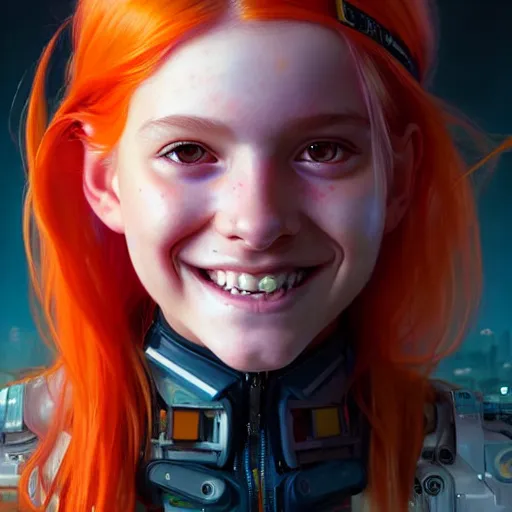 Image similar to portrait painting of a cute teenage girl with wild orange hair and a bright smile wearing cyberpunk clothes, ultra realistic, concept art, intricate details, eerie, highly detailed, photorealistic, octane render, 8 k, unreal engine. art by artgerm and greg rutkowski and charlie bowater and magali villeneuve and alphonse mucha