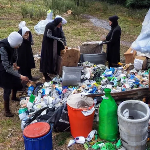 Prompt: feudal serfs sorting through recycling