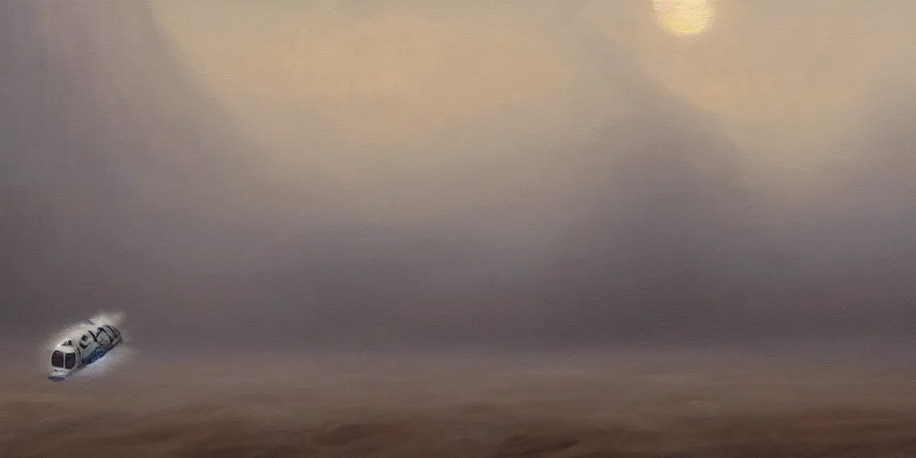 Prompt: an oil painting of a hovercraft emerging from a dust storm