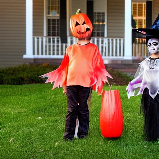 Image similar to kids trick - or - treating, halloween, costumes, night, realistic photo