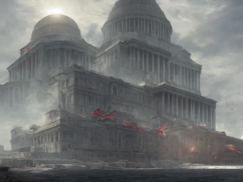 Prompt: matte painting by fan wennan and greg rutkowski. future capitol of the american communist party shining in the sun after the triumph of socialism in america, hyperdetailed, cinematic, photorealistic, hyperrealism, masterpiece, future communist governmental architecture concept art, statue, imposing, strength, abundance, life. america 2 0 9 8