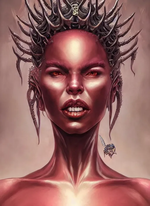 Prompt: a hyper detailed face portrait of the queen of blades smiling, diablo 4 lilith, by yusuke murata, by hiroya oku, by dorian cleavenger, by tom bagshaw, by zdzisław beksinski, trending on artstation