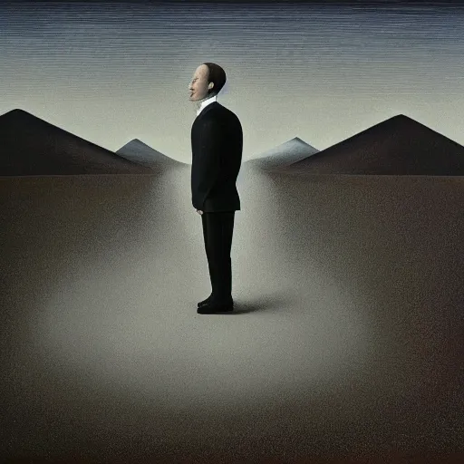 Image similar to a portrait of a mark elliot zuckerberg in a tibet by gertrude abercrombie. surrealism, dark, low contrast