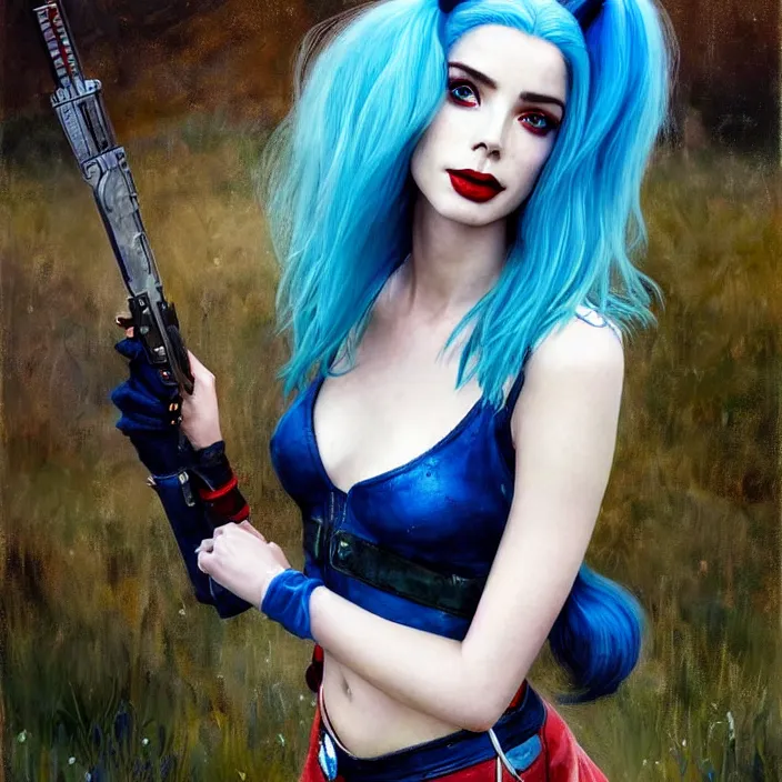 Image similar to portrait of a combination of Ashley Greene, Adriana Dxim, Grace Kelly and Lily Collins with blue hair as Harley Quinn, countryside, calm, fantasy character portrait, dynamic pose, above view, sunny day, thunder clouds in the sky, artwork by Jeremy Lipkin and Giuseppe Dangelico Pino and Michael Garmash and Rob Rey and Greg Manchess and Huang Guangjian, very coherent asymmetrical artwork, sharp edges, perfect face, simple form, 100mm