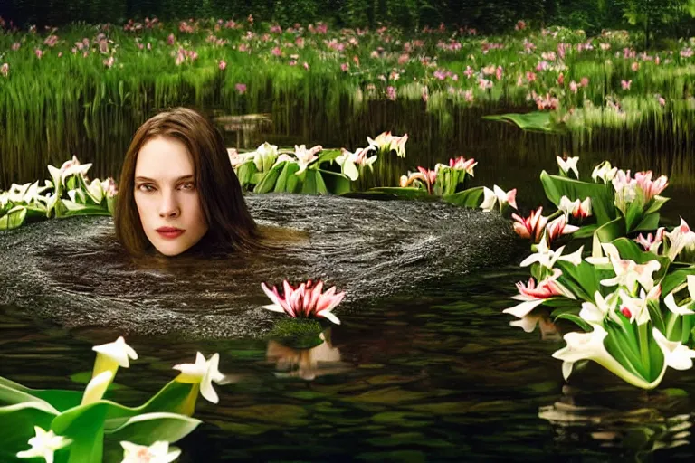 Prompt: hyperrealistic cinematic photograph of a woman's face floating in a pond, surrounded by a forrest of lillies, deep focus, intricate, elegant, highly detailed, matte, sharp focus, photography by bill henson and gregory crewdson and james jean