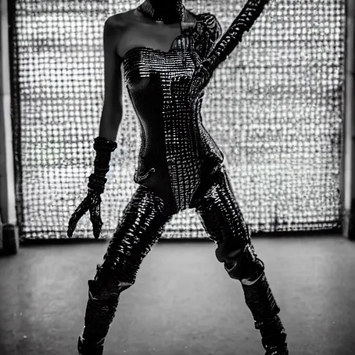 Prompt: fashion photography of an alien model, wearing a rave outfit from the nineties, inside berghain, black and white, photo 3 5 mm leica, hyperdetail, berghain, 8 k, very detailed