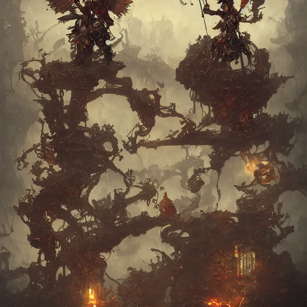 Image similar to tarot the fool ， steampunk by peter mohrbacher and dan mumford and nekro, cgsociety, volumetric light, 3 d render