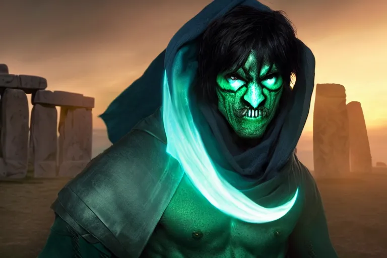 Prompt: vfx film, photorealistic render, soul reaver, raziel irl, price of persia movie, missing jaw, hero pose, magic, scarf, hood, glowing green soul blade, in stonehenge vancouver city, flat color profile low - key lighting award winning photography arri alexa cinematography, hyper real photorealistic cinematic, atmospheric cool colorgrade