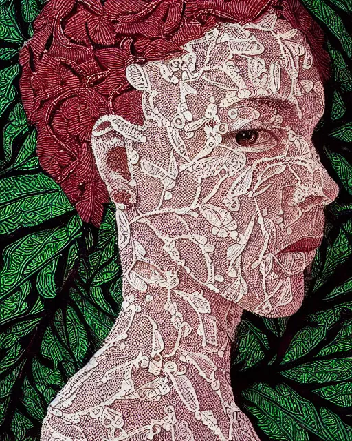 Prompt: a woman's face in profile, made of intricate decorative lace leaves, in the style of casey weldon