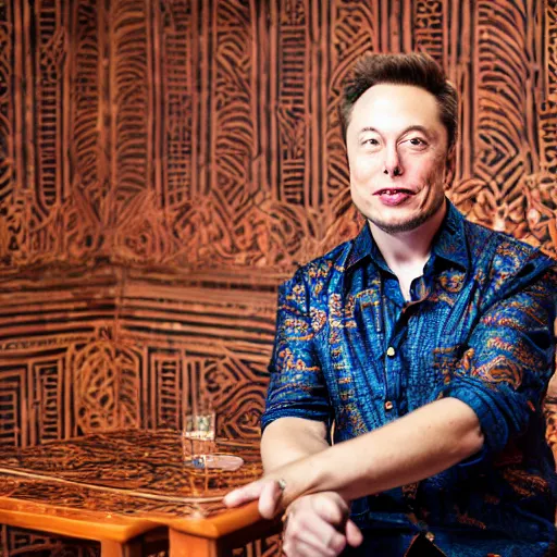 Image similar to A Photo Portrait of elon musk Wearing Indonesian Batik at a fancy Balinese restaurant, award winning photography, sigma 85mm Lens F/1.4, blurred background, perfect faces