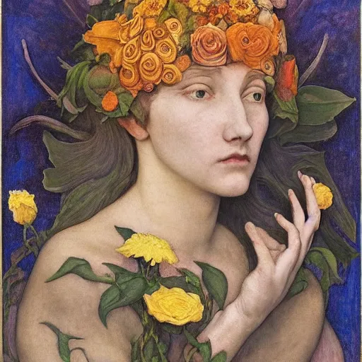 Image similar to flower queen, by annie swynnerton and tino rodriguez and nicholas roerich and jean delville and evelyn de morgan and lucien freud, dramatic lighting, floral tattoos, rich colors, smooth sharp focus, extremely detailed, adolf wolfli