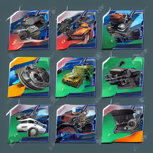 Image similar to car engine, car parts concept, card, comic page, realistic fortnite, ui card