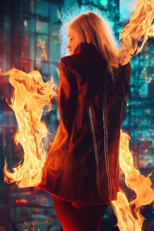 Prompt: young blonde woman from behind with flames dancing on her hands with a long jacket in a cyberpunk city, realistic, high definition, 4K, shimmering color, art of invincible