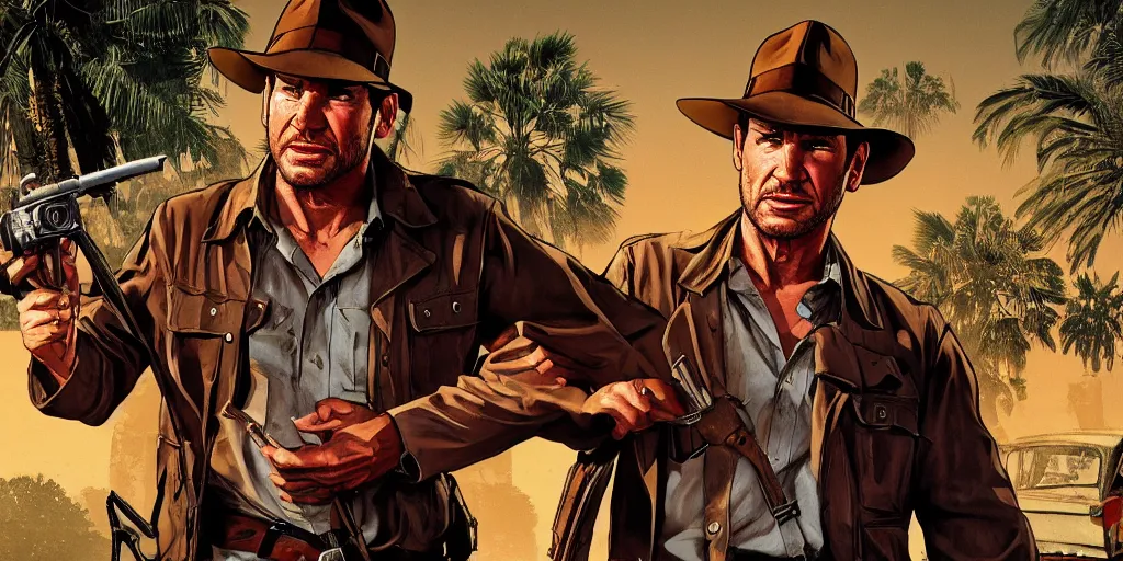 Prompt: Indiana Jones in GTA V, Cover Art by Stephen Bliss, Boxart, Loading Screen. 8k Resolution