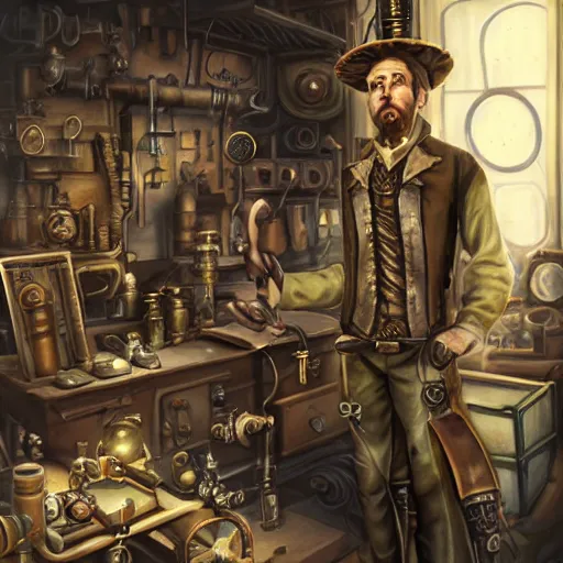 Prompt: a steampunk artificer in his workshop