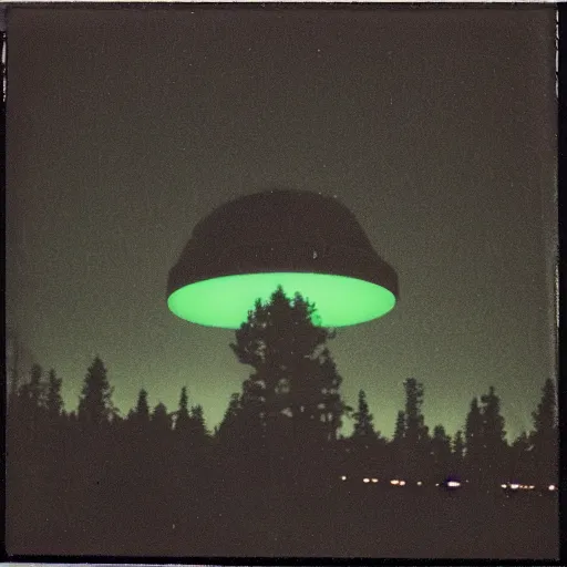 Image similar to a ufo flying over a forest at night, ufo!!!, old polaroid,