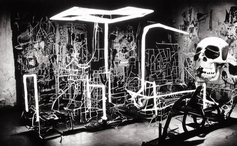 Image similar to photograph of a skull machine built by basquiat perfect composition masterpiece dramatic lighting