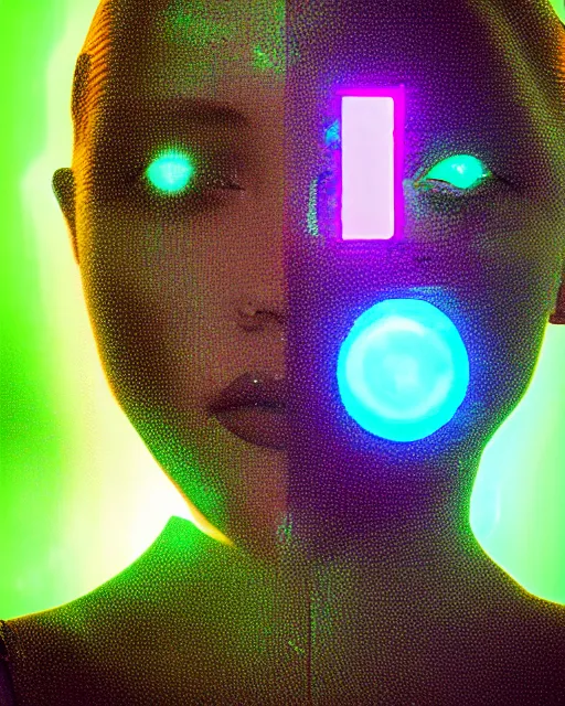 Prompt: dramatic cyberpunk portrait of a metallic featureless woman's face, crystalline, red glow, green glow, blue glow, atmospheric haze, intense shading, chromatic aberration, glitch, backlit, bokeh, centered