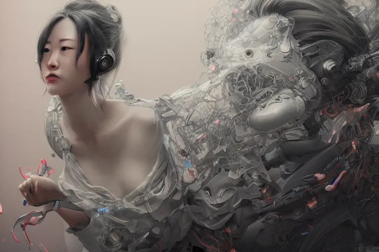 Image similar to hyperrealistic photography of a machine entering a female host in the style of Jin Kagetsu, James Jean and wlop, highly detailed, sharp focus, intricate concept art, digital painting, ambient lighting, 4k, artstation