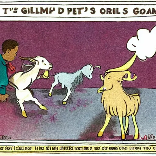 Prompt: !dream A child tries to pet a glowing goat in a boxing ring. The goat mistakes the child's fingers for carrots and eats them. The referee is hitting the goat with a laminated paper score sheet to try and make it back of, to no avail.