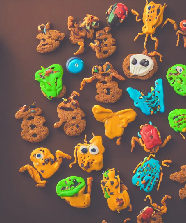 Prompt: high quality presentation photo of colorful anthropomorphic horror alien monster insects eating cookies, photography 4k f1.8 anamorphic bokeh 4k Canon Nikon