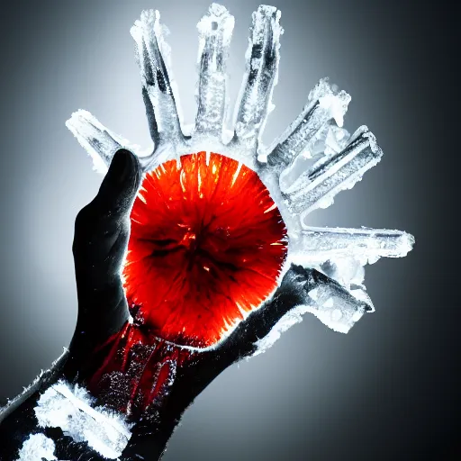 Prompt: hand of orange ice with glowing veins, black background,