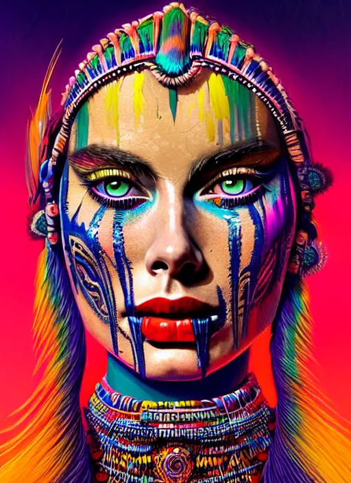 Image similar to portrait of margot robbie, hyper detailed ultra sharp aztec shaman warrior. trending on artstation, warpaint aesthetic, bloodwave, colorful, psychedelic, ornate, intricate, digital painting, concept art, smooth, sharp focus, illustration, art by artgerm and greg rutkowski and h. r. giger, 8 k