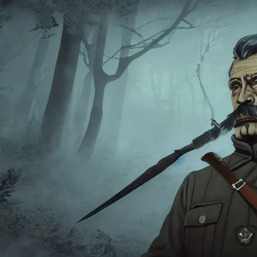 Prompt: superb digital illustration of stalin as a witcher, silver hammer and sickle as weapons, faces against spectres in the enchanted forest that hide in the fog, full moon, dreamy sequence, macabre spectacle, skeletal figures, solitude, uneasy, octane, unreal 5, cinematic, 8 k uhd, intricate detail, hyperrealist, dark fantasy mixed with socialist realism, concept art