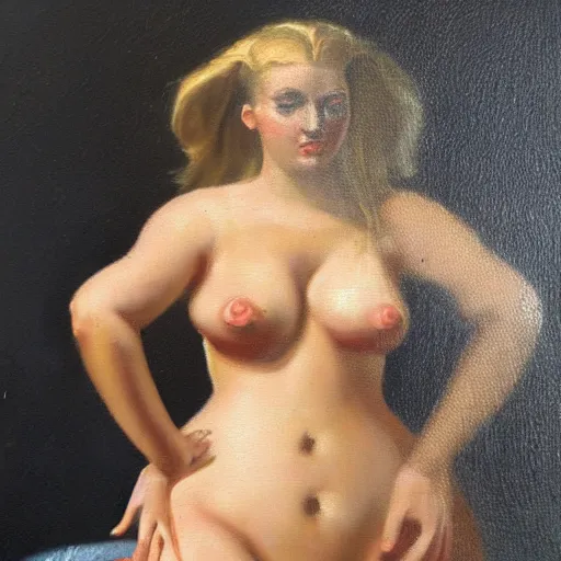Image similar to dutch master style oil painting of a 1 9 9 0 s bimbo in a minidress, high art
