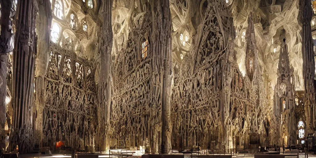 Prompt: wide angle beautiful photo of the interior of the familia sagrada 100 times bigger, more massive scale and wonder, mines of moria stained glass epic