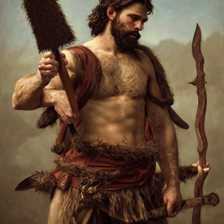 Image similar to renaissance painting full body portrait of a gruff ranger with a spear, lean and toned, handsome face, hairy chest and hairy body, D&D, intricate, elegant, highly detailed, digital painting, artstation, concept art, matte, sharp focus, chiaroscuro, well list, illustration, art by Artgerm and Greg Rutkowski and Alphonse Mucha