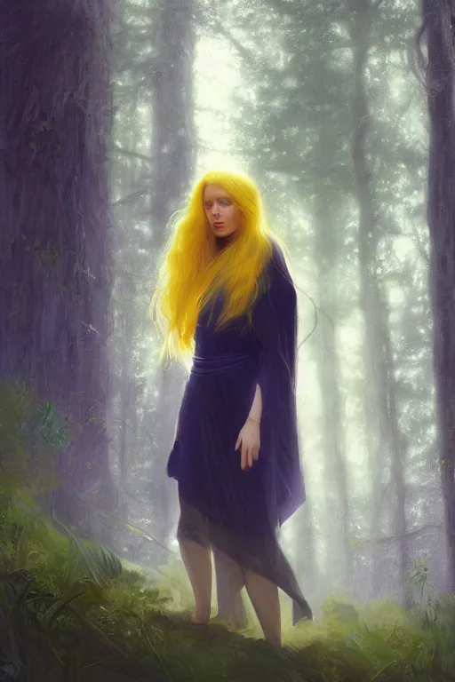 Prompt: digital drawing of wizard woman with long yellow hair standing in a forest by jeremy lipking and greg rutkowski and artgerm rendered in octane, beuatiful lighting