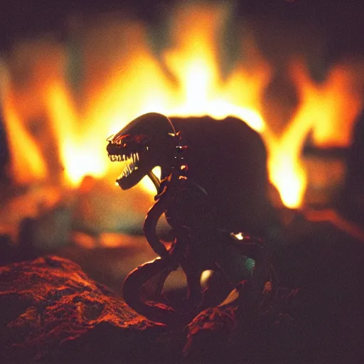 Prompt: cinestill of a xenomorph backlit by a bonfire at night