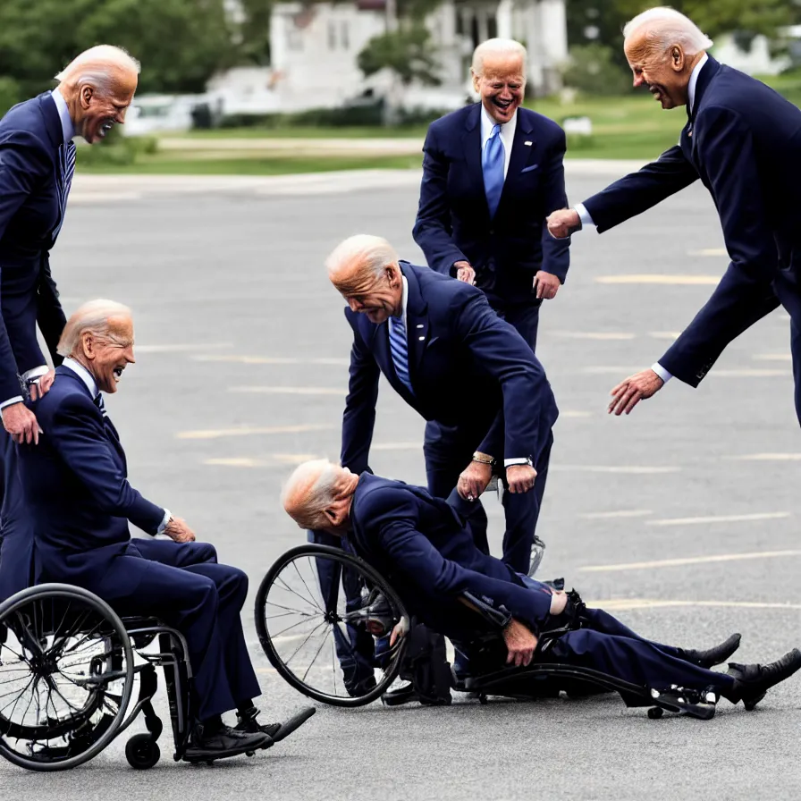 Image similar to joe biden falling off his wheelchair faceplanting on the ground, award winning photo