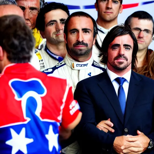 Image similar to formula 1 driver fernando alonso as the president of the united states at a press conference, realistic, 4k, detailed, photograph