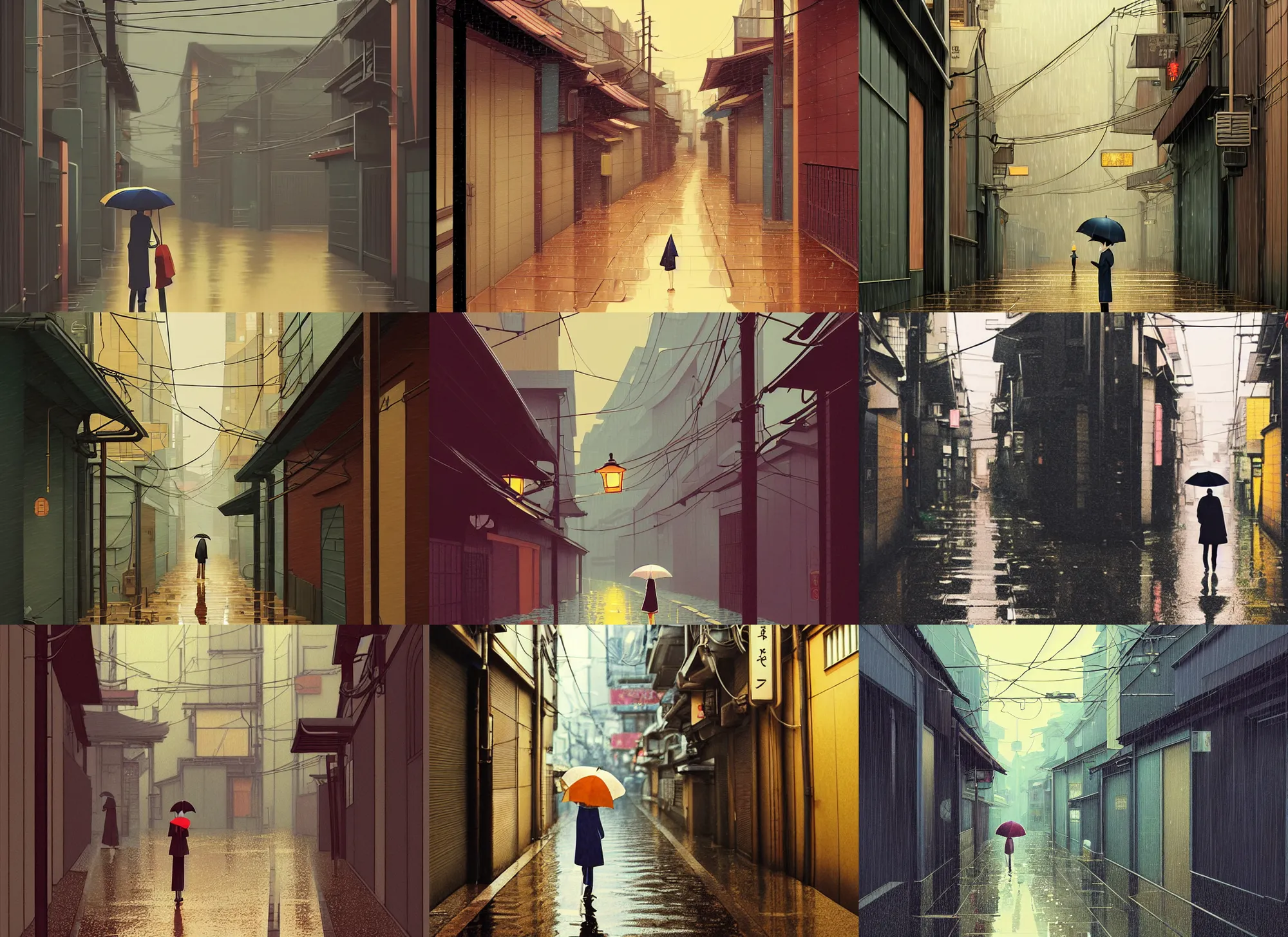 Prompt: tokyo alleyway, rainy day, single person with umbrella, by cory loftis, makoto shinkai, hasui kawase, james gilleard, beautiful, serene, peaceful, lonely, golden curve composition