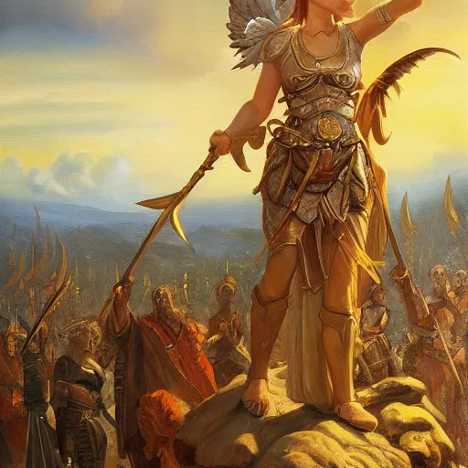 Image similar to the goddesses fraya going to war with her army, oil painting, golden hour, high detail.