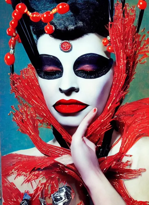 Prompt: an 8 0 s portrait of a woman with dark eye - shadow and red lips with dark slicked back hair, a mask of beads and diamonds hanging from a thin black crown, dreaming acid - fueled hallucinations by serge lutens, rolf armstrong, delphin enjolras, peter elson, red cloth background