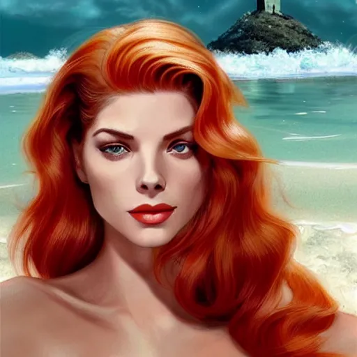 Prompt: A combination of Grace Kelly's and Katheryn Winnick's and Ashley Greene's faces with red hair as a mermaid half submerged on the beach, full body shot, western, fantasy, intricate, elegant, highly detailed, digital painting, artstation, concept art, matte, sharp focus, illustration, art by Artgerm and Greg Rutkowski and Alphonse Mucha