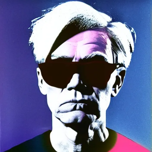 Prompt: colour portrait of absolutely angry andy warhol aged 50 looking sternly straight into the camera and wearing designer sun glasses, in the style of andy warhol