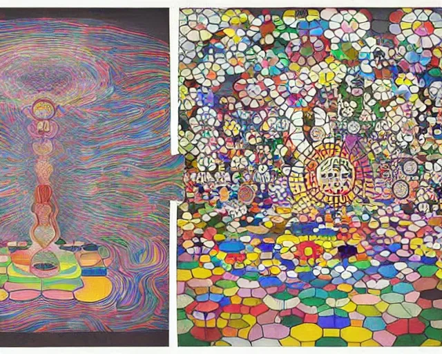 Prompt: The fundamental structure of matter. DMT. Wild energy patterns. Edvard Munch. David Hockney. Takashi Murakami. Minimalist.